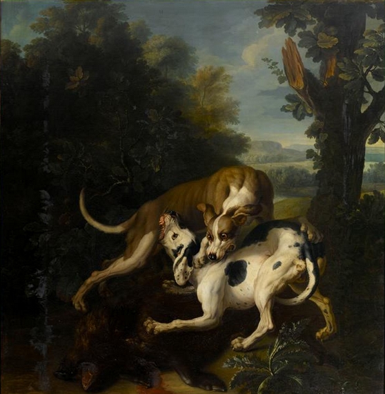 Combat de deux chiens autour de la dépouille d'un sanglier - XVIIIe siècle - © RMN-Grand Palais - Château de Fontainebleau - Gérard Blot